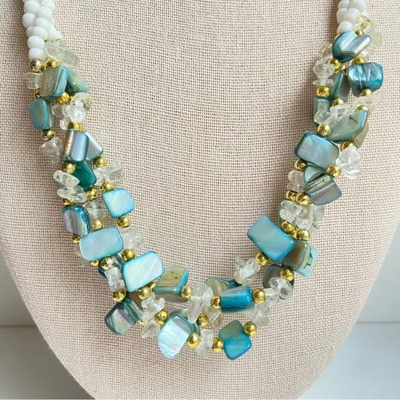 White glass seed bead and aqua dyed shell chunk necklace with goldtone spacers - Picture 3 of 10